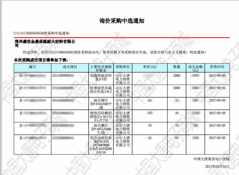 盛世金鼎中標(biāo)大唐集團澆注料項目
